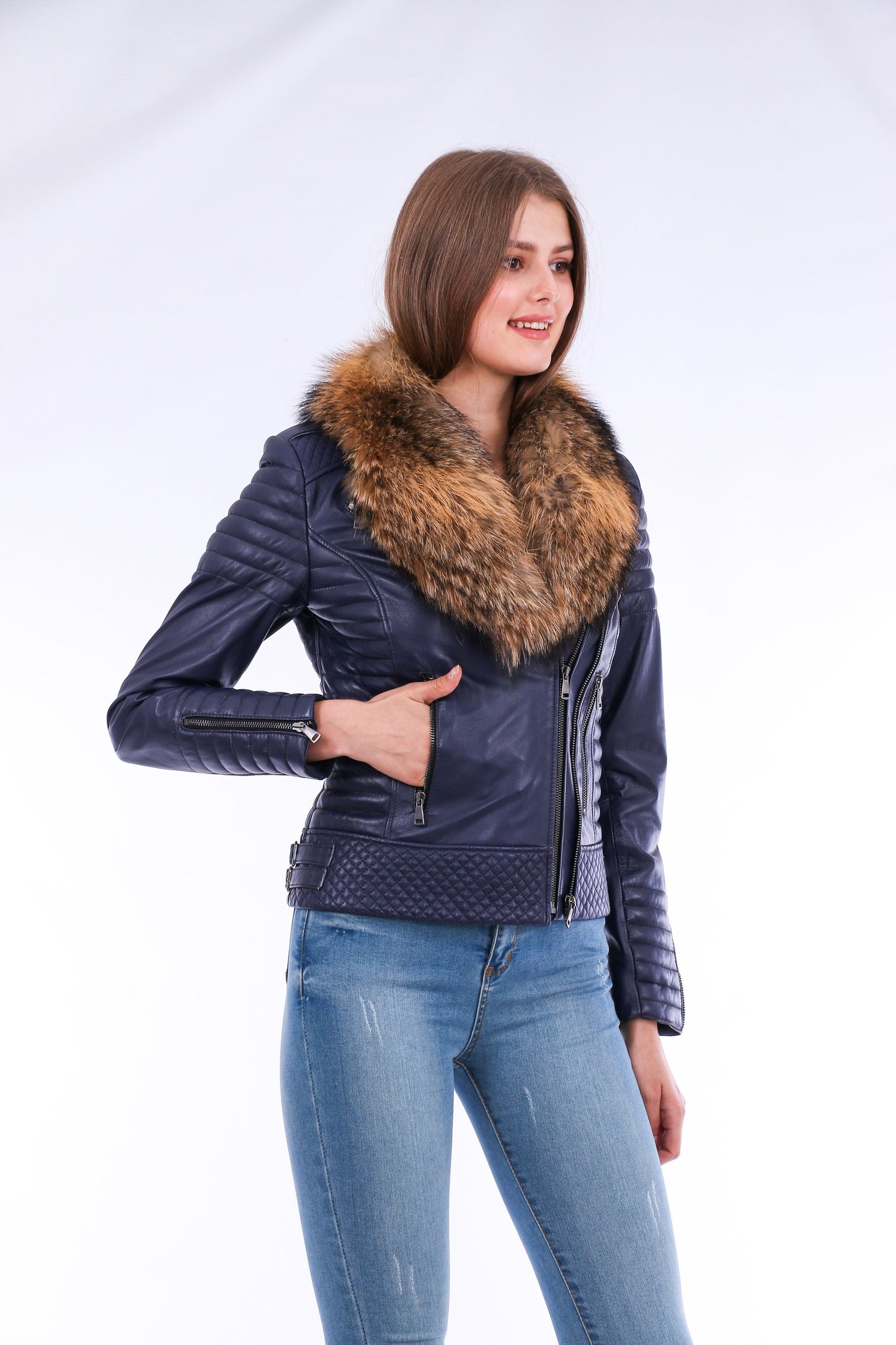 Milani Quilted Leather Biker Jacket - Navy Blue